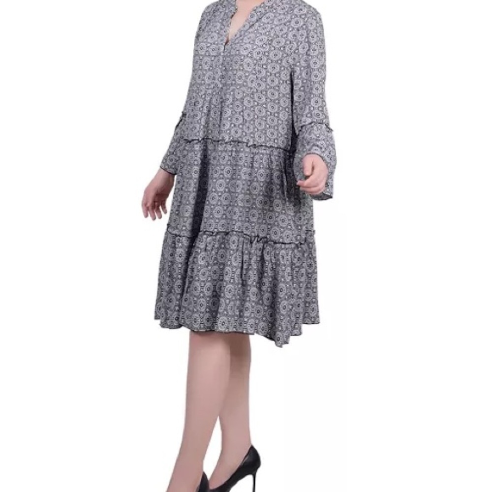 NY Collection 3/4 Length Sleeve Tiered Dress • Black & White Geo
